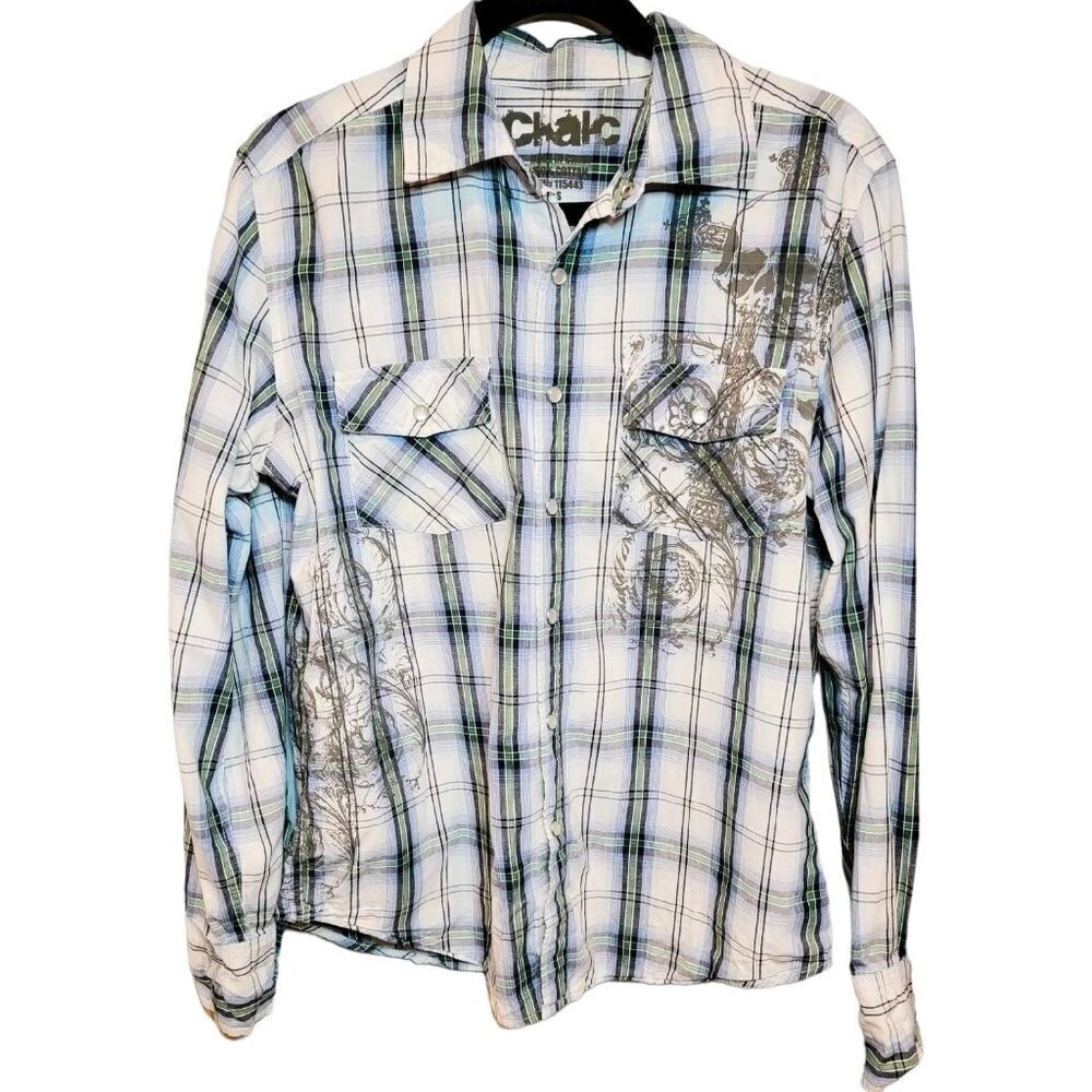 CHALC Men's Pearl Snap Button Down Graphic Long Sleeve Shirt sz(S)